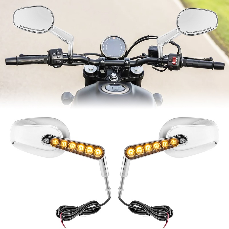 Harley Muscle Rear View Mirrors w/ LED Turn Signal | Chrome CNC Aluminium