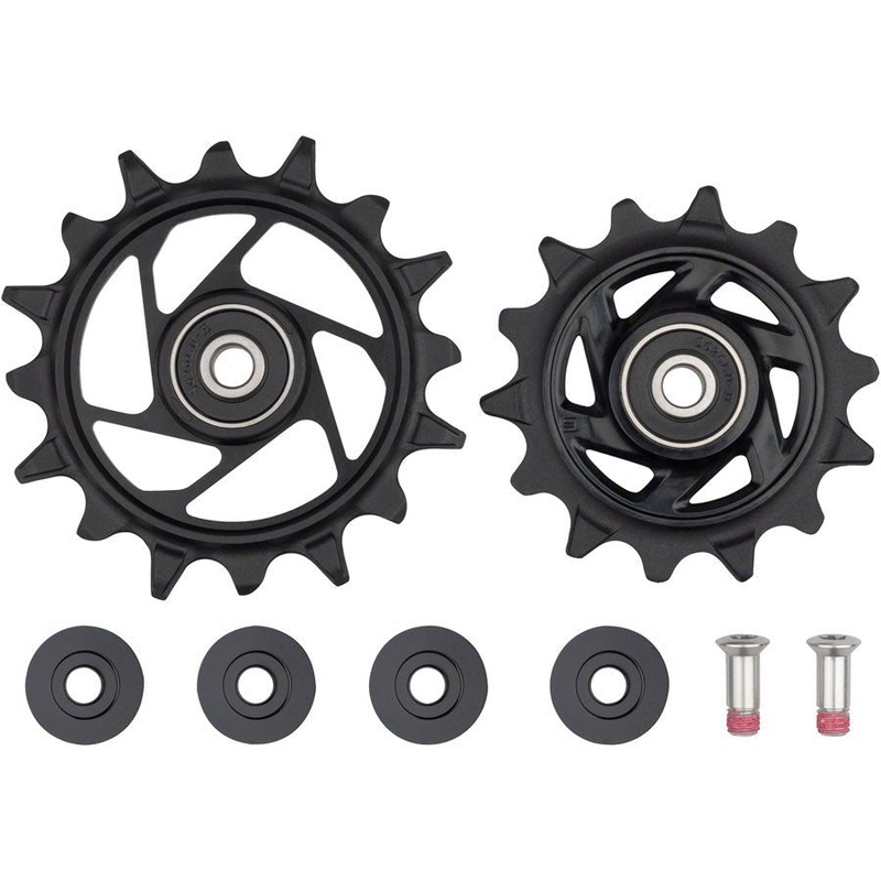 SRAM REAR DERAILLEUR PULLEY KIT XX T-TYPE EAGLE AXS (INCLUDES 14T UPPER AND 16T LOWER BLACK METAL SPIDER PULLEY, 2 ALUMINUM PULLEY SCREWS )