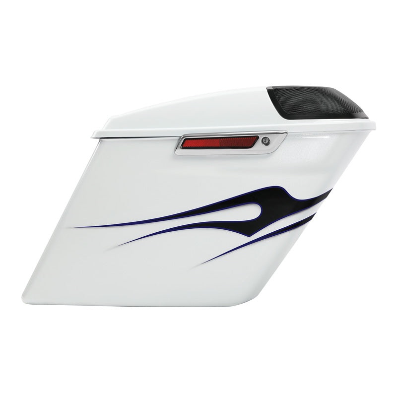 HR3 White Amethyst With Black Licorice Flames 5″ Stretched Extended Saddlebags with 5*7″ speaker lids For Harley Touring 2014-2023
