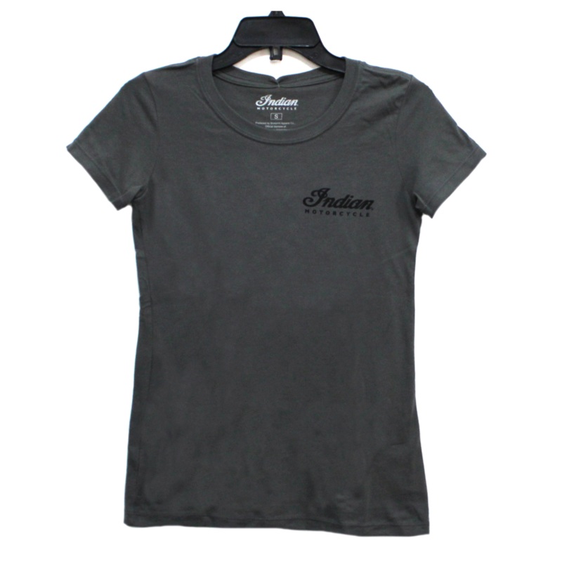 WOMEN’S SHORT SLEEVE DARK GREY INDIAN MOTORCYCLE OF ORANGE COUNTY DEALER TEE