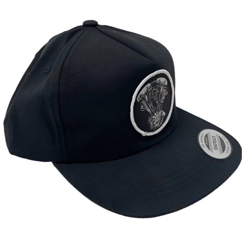 Embroidered Shovelhead Patch 5 Panel Lightly Structured Hat- Black