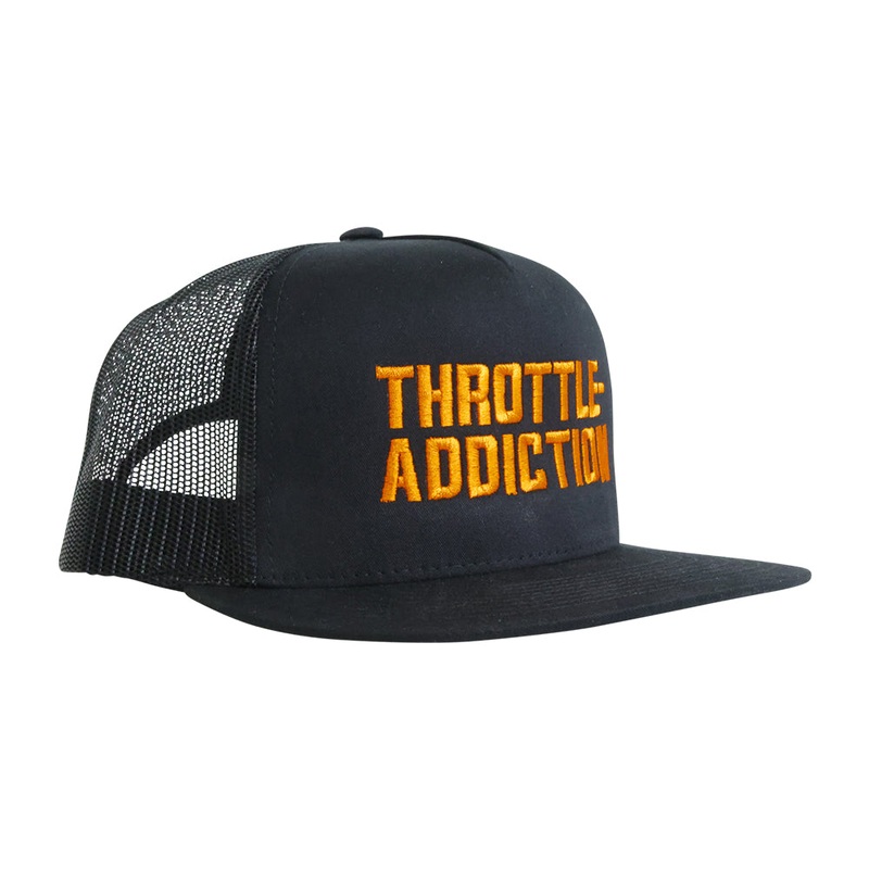 Throttle Addiction – 5 Panel Snap Back Hat – Orange AMF Script – Black